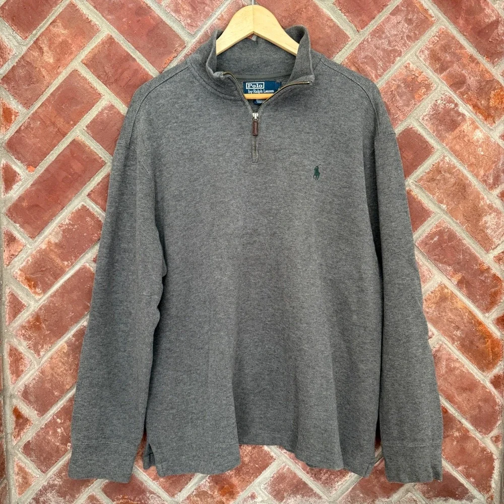 Polo Ralph Lauren Quarter Zip Pullover Sweater Size Large Gray Green Pony